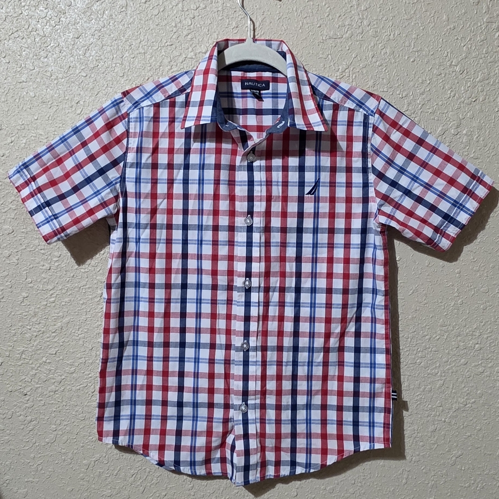 Nautica Men's Red and Blue Plaid Shirt